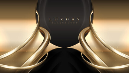 Gold luxury background with black with line curve decoration and glitter light effect elements.