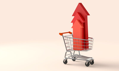 Wall Mural - Shopping cart trolly with red inflation arrow. Cost of living crisis. Price of food shopping. 3D Rendering