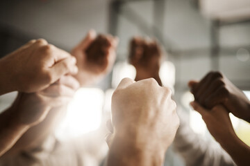 Sticker - Diverse people hold hands in teamwork, success and support while showing solidarity, trust and unity in office. Closeup of business team, men and women standing together for equal workplace rights