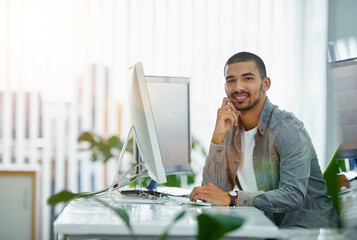Aufkleber - Portrait of a happy business man typing on a computer, proud while working in a modern office. Confident , checking budget and savings while looking at online data