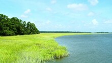 Aerial Moving Forward Over Lush Green Coastal Wetlands And Salt Marsh On A Bright Sunny Day -  Savannah, Georgia