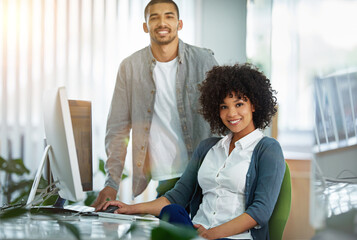 Poster - Happy manager or leader helping an employee on a computer to plan ideas or business growth strategy. African female intern or trainee working for a startup and training in the IT department