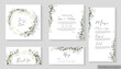 © Alena - Vector set for wedding invitations. Eucalyptus and plants, polygonal gold frame. Invitation card, thank you, rsvp, menu