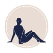 Abstract woman sitting pose on beige label circle. Hand drawn dark blue silhouette. For packaging, card, social media, poster, print. Vector illustration, flat design