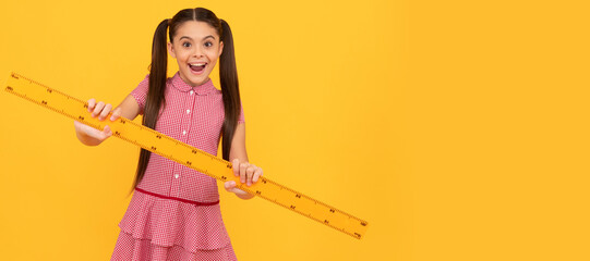 Sticker - measurement. trigonometry stationery. mathematics. measuring and sizing. Banner of schoolgirl student. School child pupil portrait with copy space.