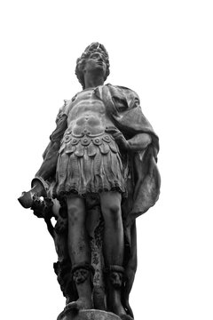 roman emperor statue isolated over white background. black and white image.