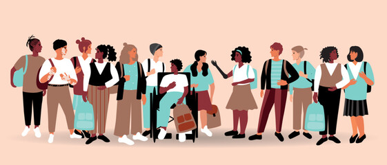 Inclusive group of children isolated, flat vector stock illustration with boys and girls with African skin, vitiligo or disabled person with school bag