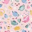 Seamless pattern with tea pots, cups, mugs and sweets on pink background. Hand drawn cartoon dishes. Tea party. Vector illustration.