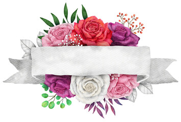 Wall Mural - Colorful Rose flower bouquet with ribbon Watercolor