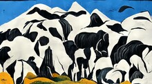 Mountain Landscape With Black White Cows 