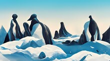 Penguins On A Frozen Lake In A Snowy Christmas Mountai 