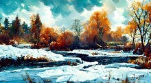 Oil Painting Of Winter Snow Landscape With River 