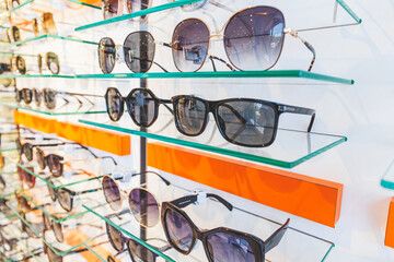 Sun glasses shop. Eyeglasses or spectacles, vision eyewear, with lenses. 