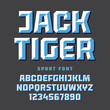 Beveled font, classic style geometric sport team logo type, upper case alphabet and numbers. Vector illustration.