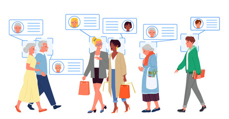 Face recognition for people on city street vector illustration. Cartoon isolated diverse group of young and old, female and male characters walking in crowd, profile identification over heads