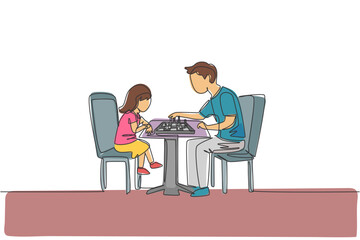 Wall Mural - Single continuous line drawing of young father siting on chair think seriously playing chess against his daughter at home. Happy family parenthood concept. One line draw design vector illustration