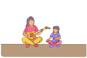 Poster - Single continuous line drawing of young mother playing guitar and happy singing together with her daughter at home. Happy family parenthood concept. Trendy one line draw design vector illustration