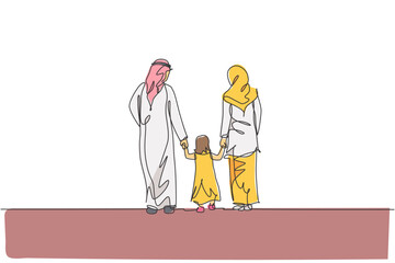 Wall Mural - Single continuous line drawing of young Islamic mom and dad walk while hold their daughter girl's hand together. Arabian Muslim happy family parenting concept. One line draw design vector illustration