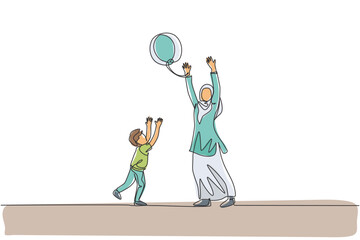 Wall Mural - One single line drawing of young Arabian mother playing with her son ball throwing together vector illustration. Happy Islamic muslim family parenting concept. Modern continuous line draw design