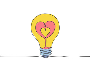 Sticker - Single continuous line drawing of lightbulb with love heart shaped for cupid company logo label. Power romantic logotype symbol template concept. Dynamic one line draw graphic vector illustration