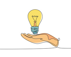Wall Mural - one single line drawing of open palm hand holding bright lightbulb for invention company logo identi