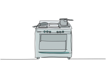 Poster - One single line drawing of gas stove with oven home appliance. Electricity household kitchenware tools concept. Dynamic continuous line draw design graphic vector illustration