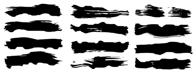 Wall Mural - Vector collection of artistic grungy black paint hand made creative brush stroke set isolated on banner background. A group of abstract grunge sketches for design education or graphic art decoration