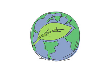 Wall Mural - Single one line drawing of green leaf on globe earth. Leaf tree icon for green nature concept. Infographics, save environment campaign isolated on white background. Design vector graphic illustration