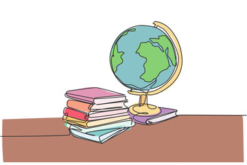 Wall Mural - Earth globe beside books stack. Continuous one line drawing minimalist vector illustration design on white background. Simple line modern graphic style. Hand drawn graphic concept for education