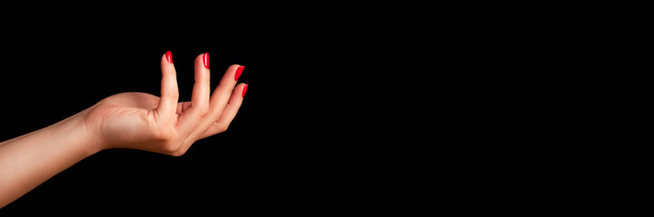 Wall Mural - Female hand with beautiful manicure - red nails on dark black background with copy space banner. Wide panoramic header