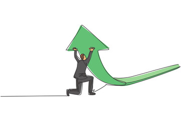 Wall Mural - continuous one line drawing of young male worker lifting the rising financial arrow graph up. succes