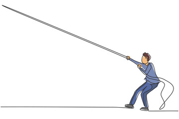 Wall Mural - continuous one line drawing young male entrepreneur pulling rope up to reach business target. busine