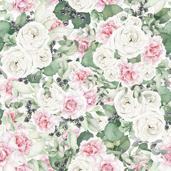  Watercolor seamless floral pattern with garden pink and white flowers, roses, leaves, eucalyptus greenery, black berries. Perfect for wallpaper, wrapping paper, fabric design, digital paper.