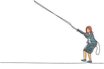 Wall Mural - continuous one line drawing of young female entrepreneur pulling rope to reach goal, metaphor. succe