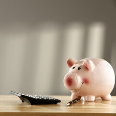 Wall Mural - Desk of free space and piggy bank on top. Wall with shadows. 