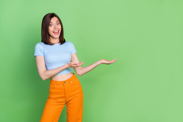 Wall Mural - portrait of impressed positive lady open mouth hands hold empty space isolated on green color backgr