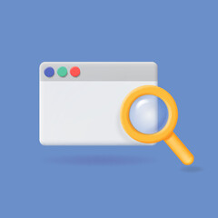 Simple browser window and magnifying glass. Browser search. 3d web searching concept Internet request vector