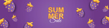 Summer Background With Purple Strawberry. Banner, Shop Promotion, Sale Design. Realistic 3d Vector