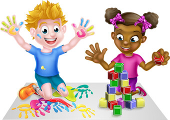 Sticker - Cartoon boy and girl playing with toys, with paints and toy building blocks