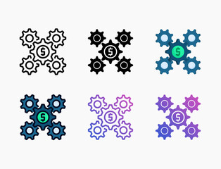 Wall Mural - Gear icon set with different styles. Style line, outline, flat, glyph, color, gradient. Editable stroke and pixel perfect. Can be used for digital product, presentation, print design and more.