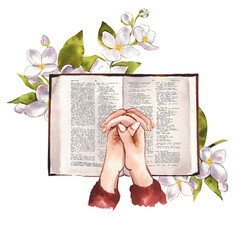 The sacred book the bible and flowers on a white background. Watercolor illustration