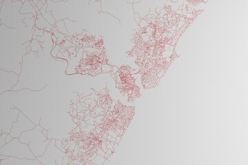 Map of the streets of Mombasa (Kenya) made with red lines on white paper. 3d render, illustration