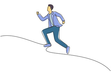 Wall Mural - single continuous line drawing of young business man running fun to get to the office. attractive pr
