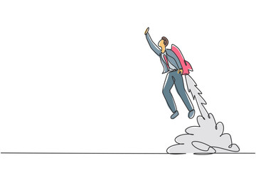 Wall Mural - continuous one line drawing of young handsome male worker flying high using jetpack machine. success
