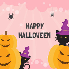 Wall Mural - Happy halloween greeting card. Halloween day background with pumpkin and black cat. Vector illustration.