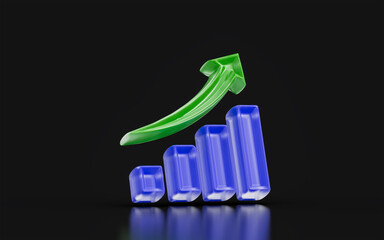 Wall Mural - business chart up arrow sign glass morphism on dark background 3d render concept for rising growth