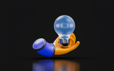Wall Mural - hand lightbulb sign glass morphism on dark background 3d render concept for business solution