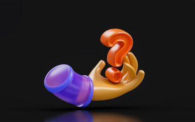 Wall Mural - hand question mark sign glass morphism on dark background 3d render concept for helping information