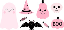 Set Cute Pink Ghosts Pumpkin Bat Halloween Vector Illustration