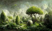 Fantasy Landscape With Lot Strange Plants And Vegetation, Digital Art Background